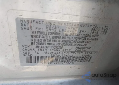 2017 Nissan Sentra Sv from USA, damaged, VIN 3N1AB7AP1HY333296